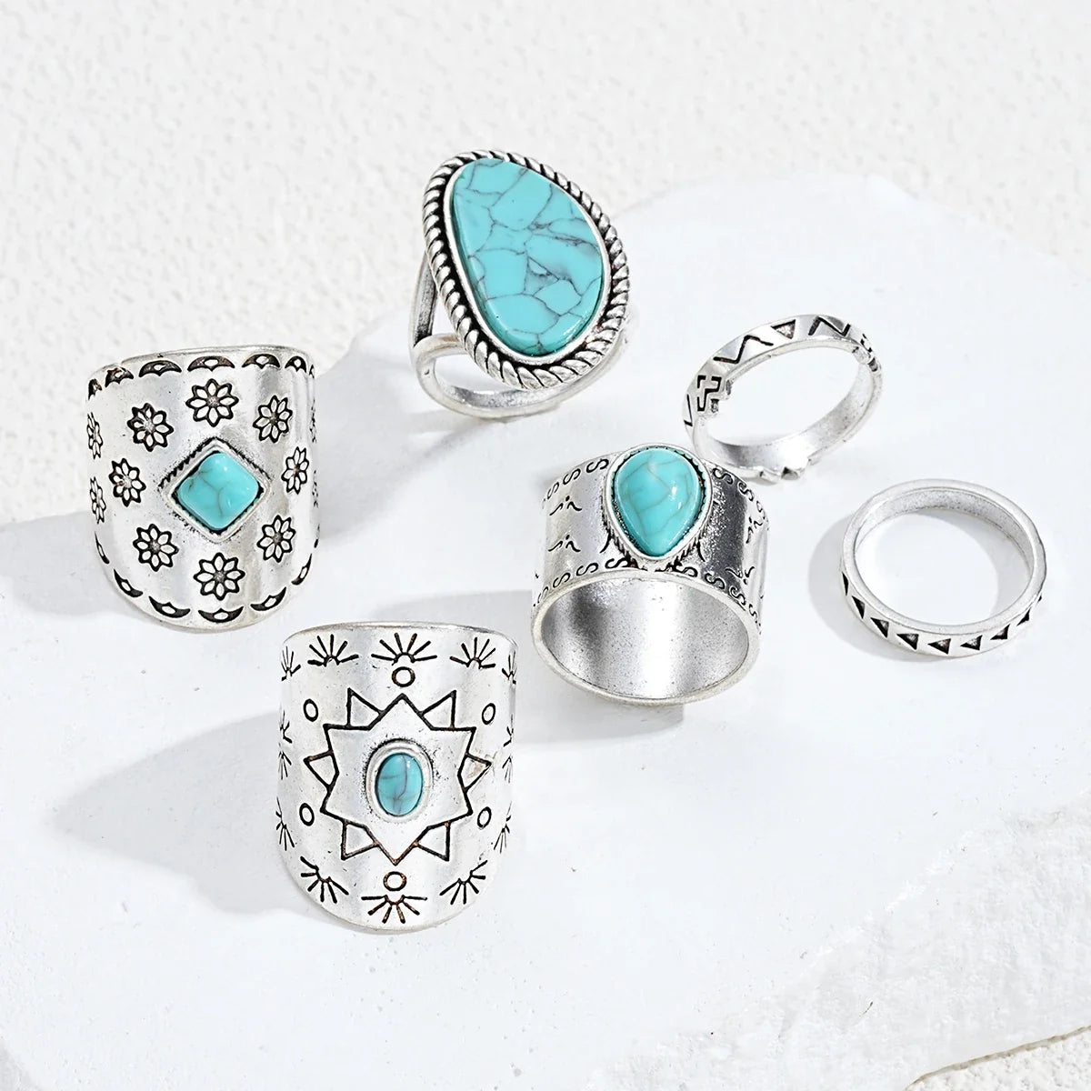 10pcs Trendy Western Style Rings Set for Women Men Vintage Turquoise Bull Head Lotus Sun Design Ring Daily Outfits Jewelry Gifts