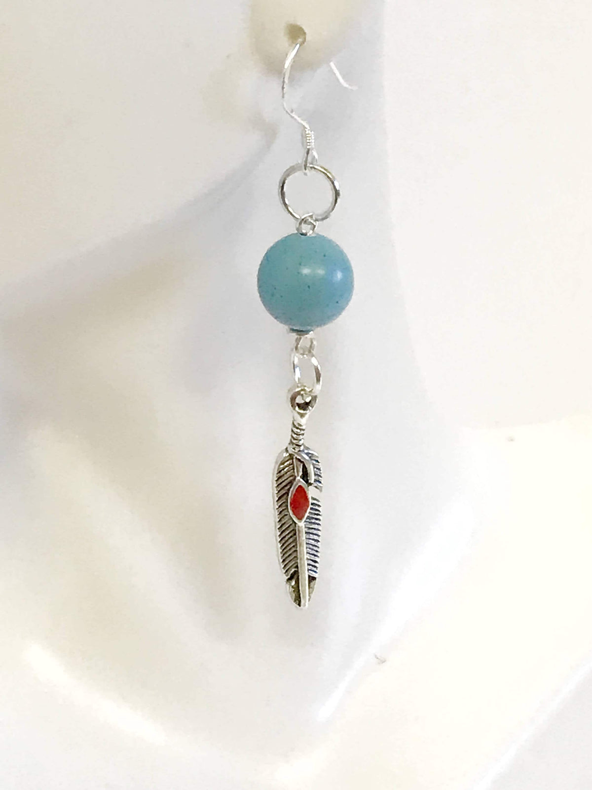 Turquoise and Red Dot Feather Drop Earrings, Southwestern Style Jewelry, Dangle Earrings Gift For Her, Country Western Wife Jewelry Gift