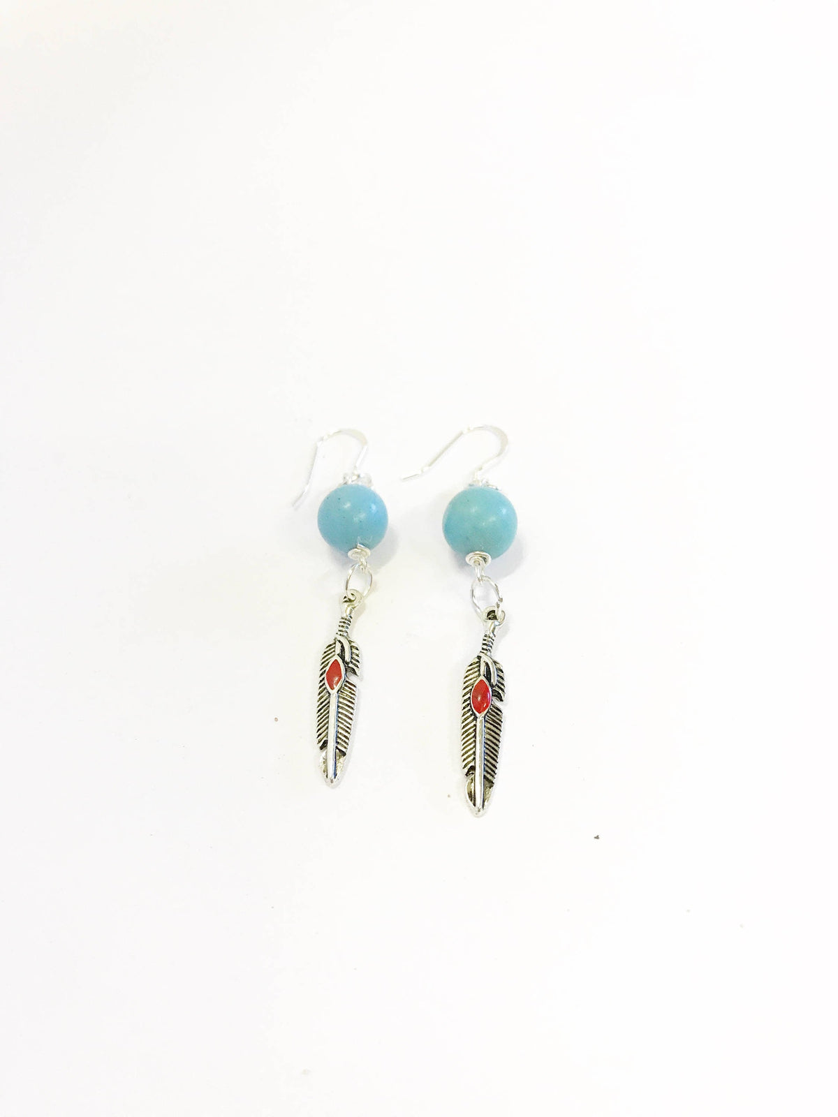 Turquoise and Red Dot Feather Drop Earrings, Southwestern Style Jewelry, Dangle Earrings Gift For Her, Country Western Wife Jewelry Gift