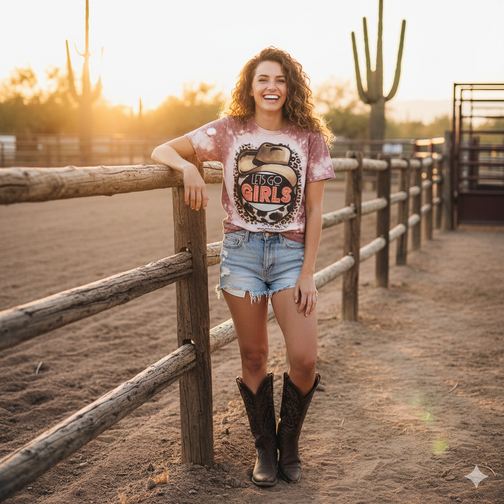 Let's Go Girls Bleached Western Graphic Tee | Hand-Distressed Mauve Bella + Canvas 3001 | Rowdy Rowels Leopard Western Cowgirl T-Shirt
