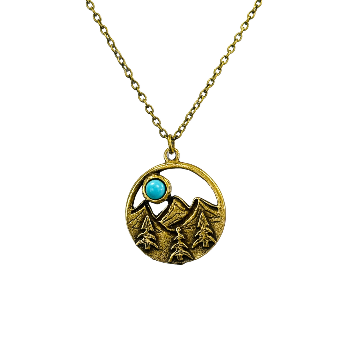 Turquoise Mountain Necklace Round Nature Inspired Boho Western Jewelry Silver Bronze
