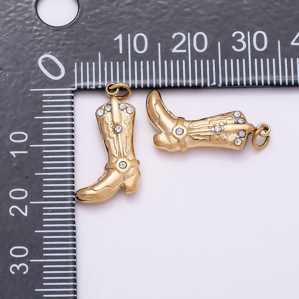 PVD Gold Stainless Steel 19mm Clear CZ Vintage 3D Cowboy Boots Western Charm | Charms-01028